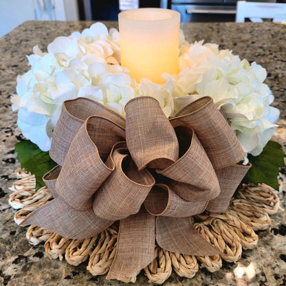 Hydrangea Flower Candle Holder Centerpiece in Wood Box with Rope Handles