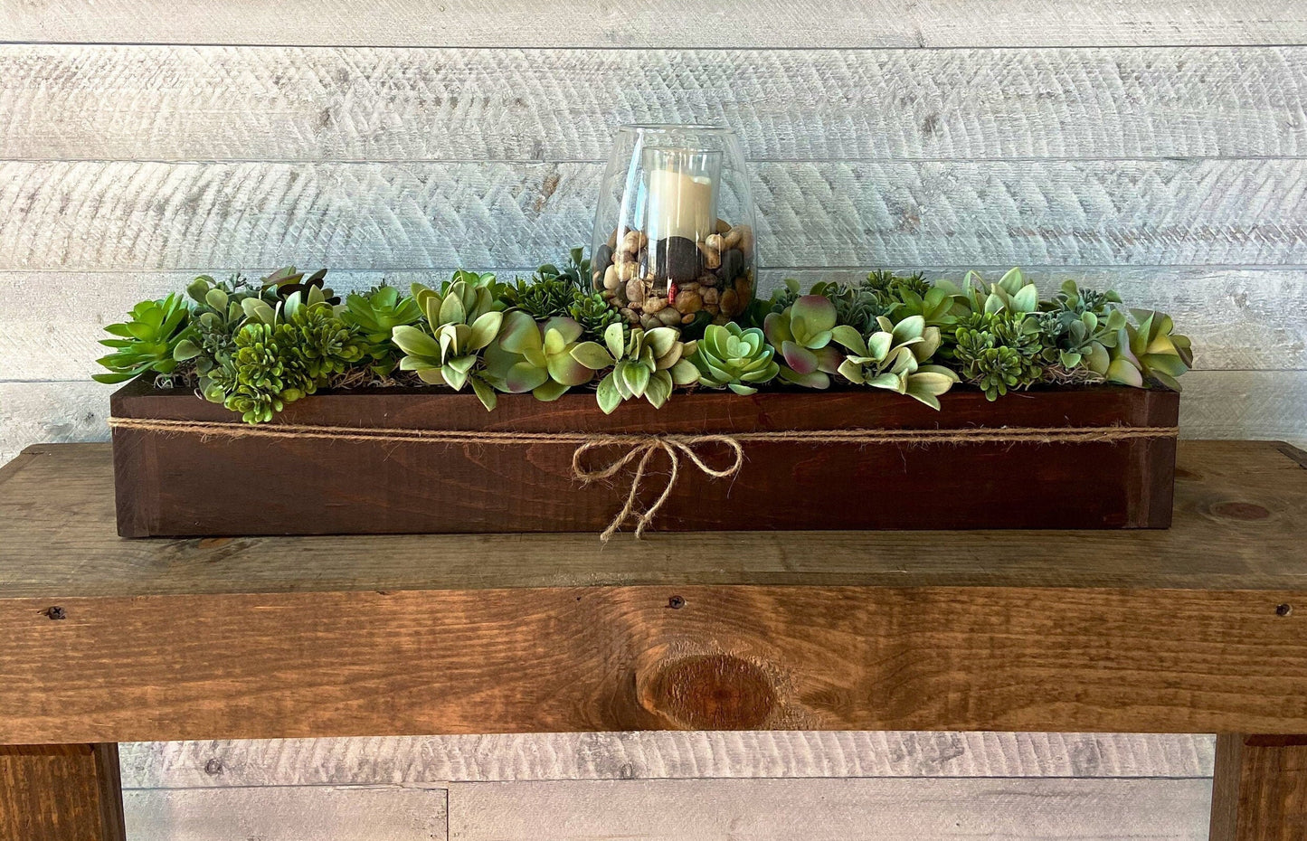 Farmhouse Style Long Spring Succulents Table Arrangement in Wood Planter Box