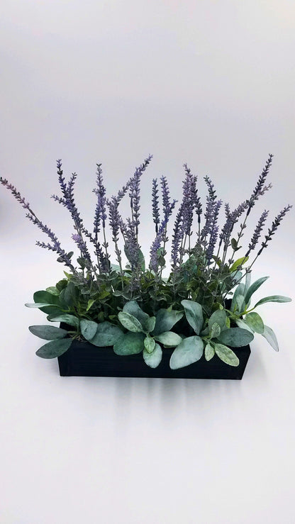 Farmhouse Lavender Lambs Ear Arrangement in Wood Planter Box