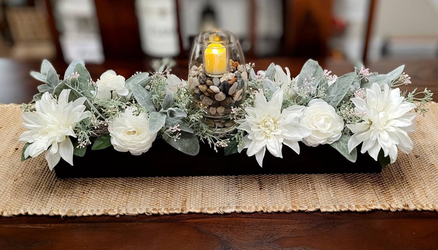 Farmhouse Style Spring Table Arrangement in Wood Planter Box Candle Centerpiece