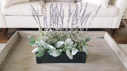 Farmhouse Lavender Lambs Ear Arrangement in Wood Planter Box