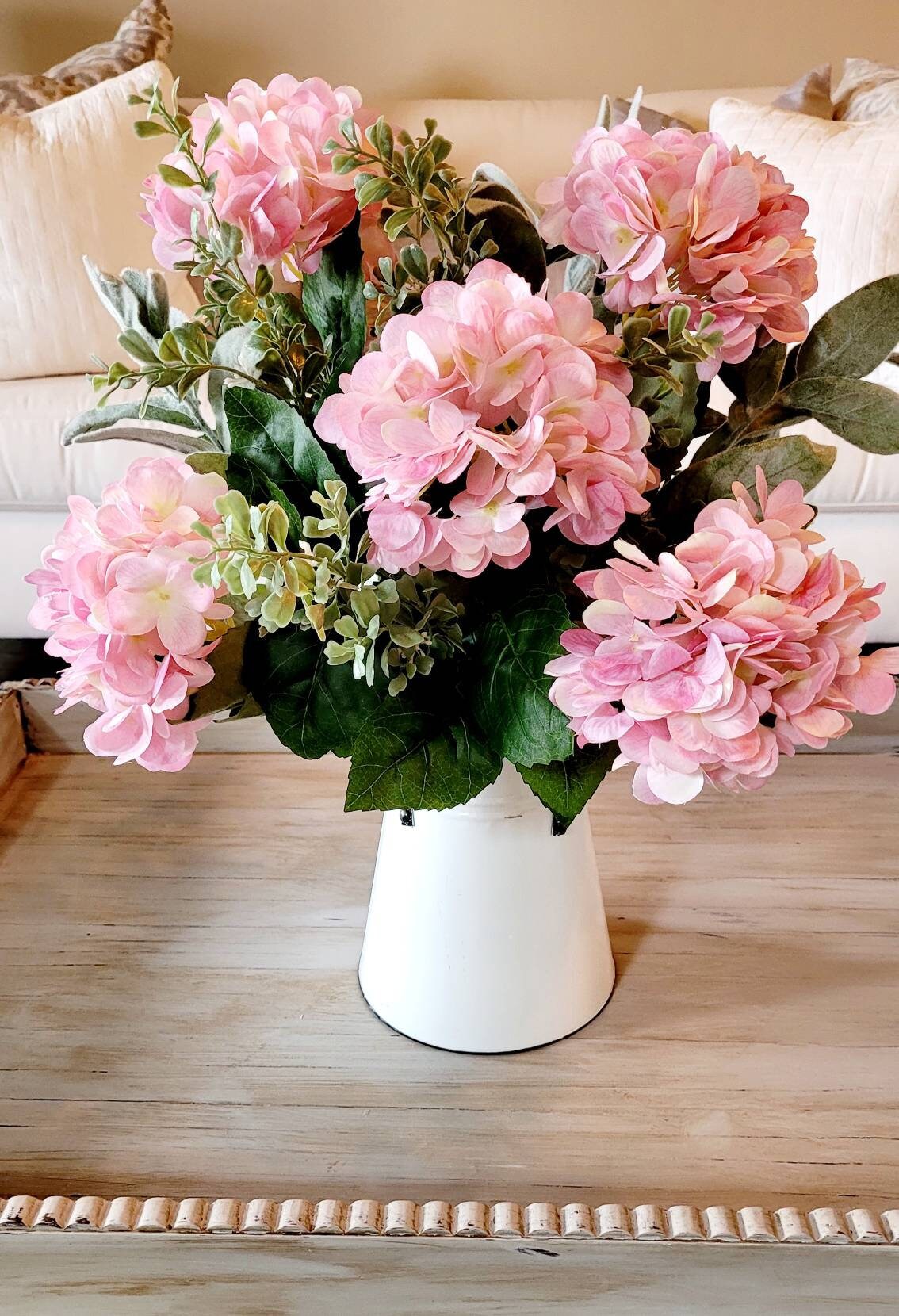 Faux Pink Hydrangea Farmhouse Floral Arrangement