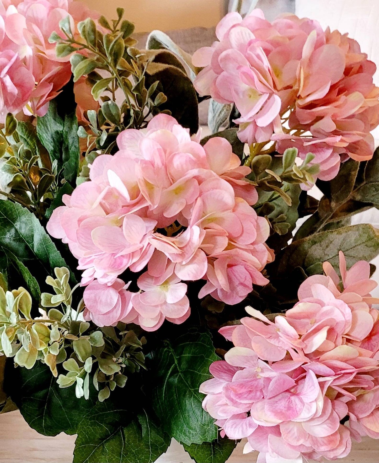 Faux Pink Hydrangea Farmhouse Floral Arrangement