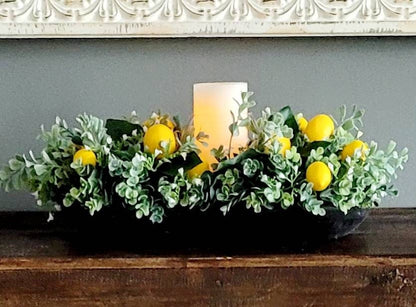 Lemon Floral Arrangement with Candle in Rustic Dough Bowl