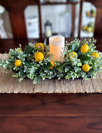 Lemon Floral Arrangement with Candle in Rustic Dough Bowl