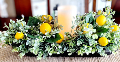 Lemon Floral Arrangement with Candle in Rustic Dough Bowl