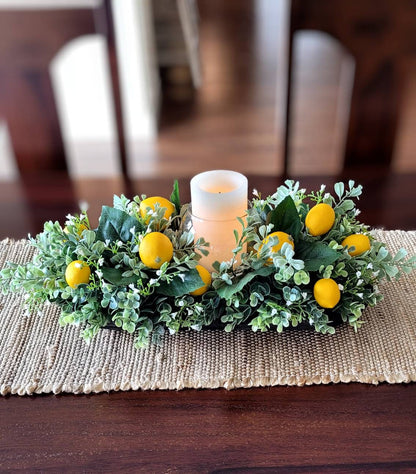 Lemon Floral Arrangement with Candle in Rustic Dough Bowl