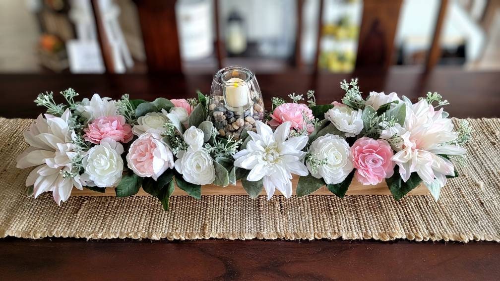 Farmhouse Wood Box Candle Centerpiece with Pink Peony and Lambs Ear