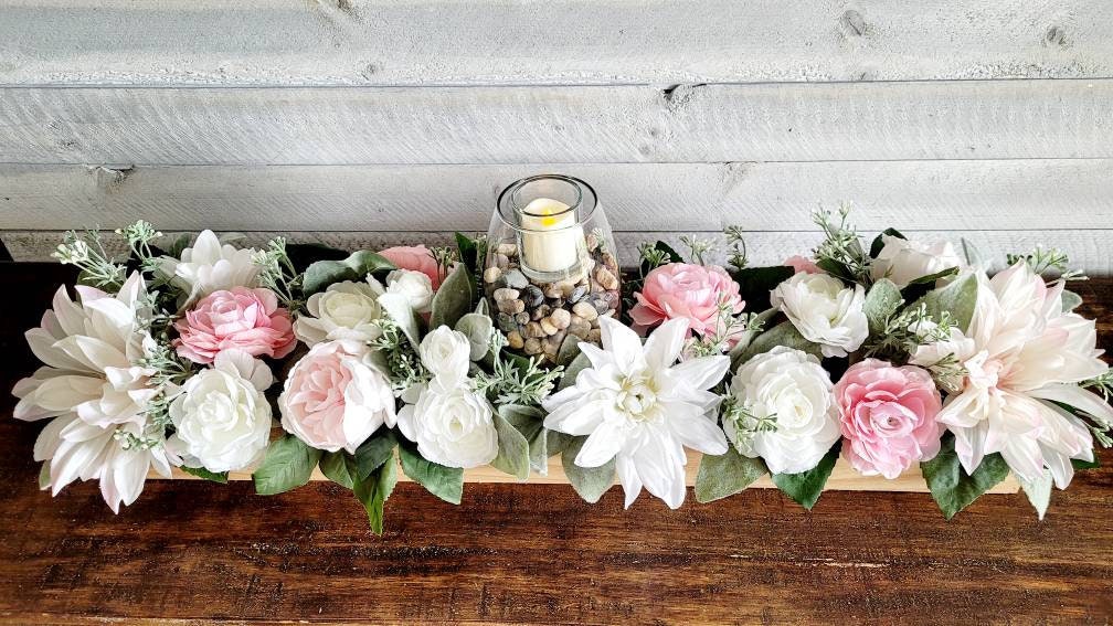 Farmhouse Wood Box Candle Centerpiece with Pink Peony and Lambs Ear