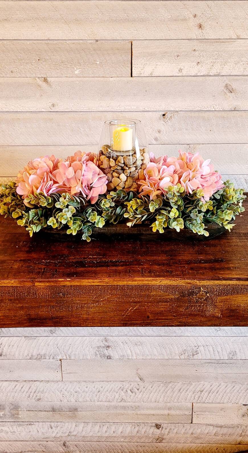 Rustic Pink Hydrangea Wood Floral Centerpiece in Dough Bowl