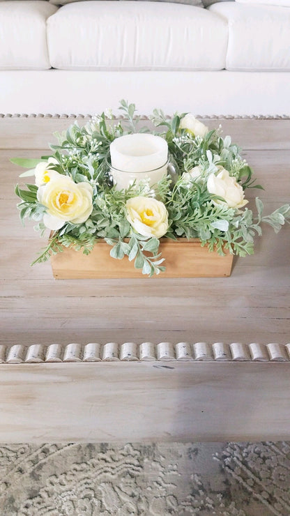 Yellow Spring Floral Centerpiece in Wood Planter Box