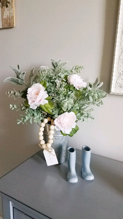 Blush Lambs Ear Flower Centerpiece in Galvanized Tin with Wood Beads