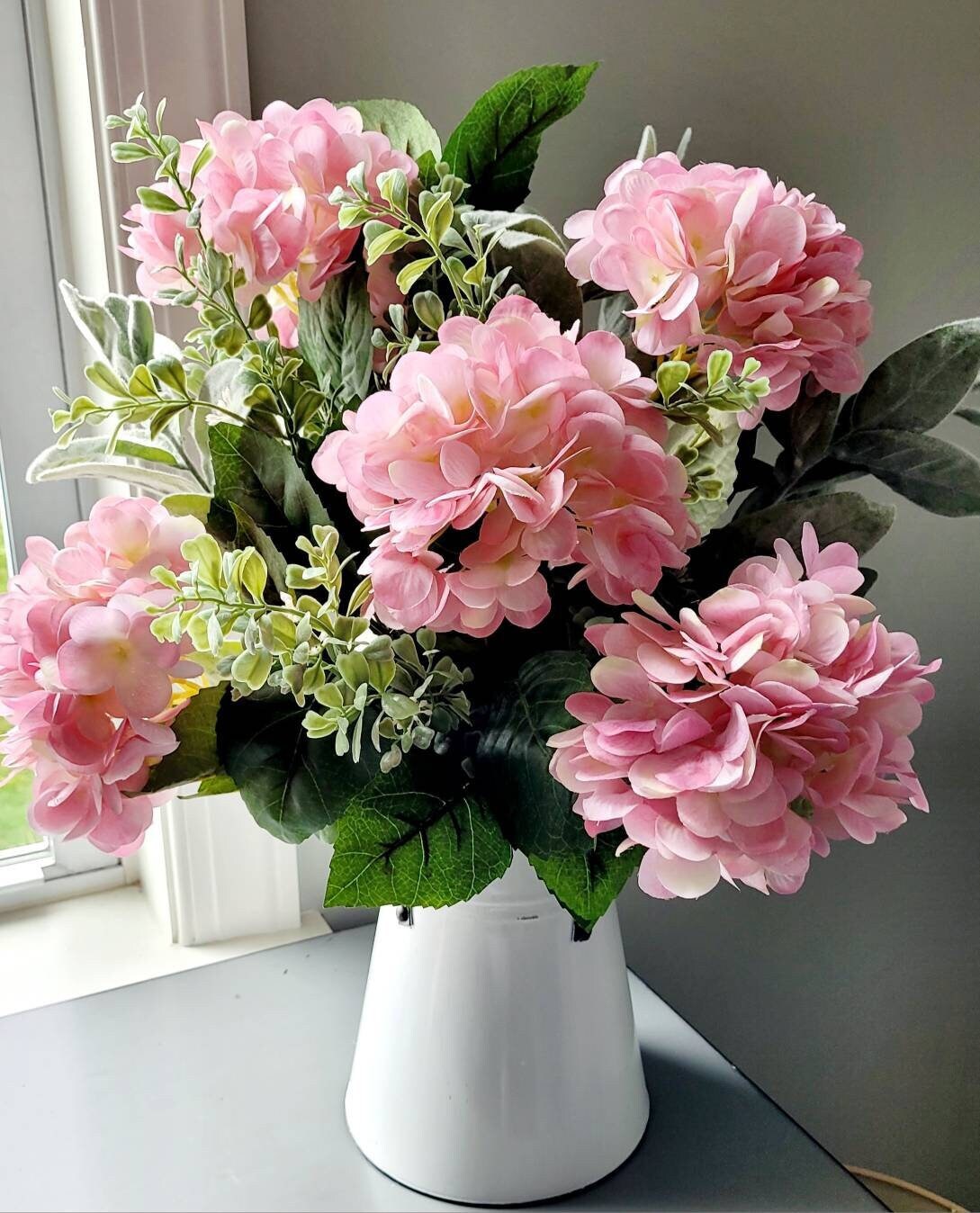 Faux Pink Hydrangea Farmhouse Floral Arrangement