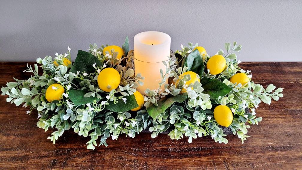 Lemon Floral Arrangement with Candle in Rustic Dough Bowl