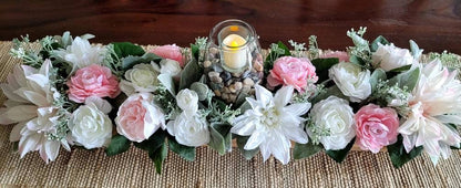 Farmhouse Wood Box Candle Centerpiece with Pink Peony and Lambs Ear