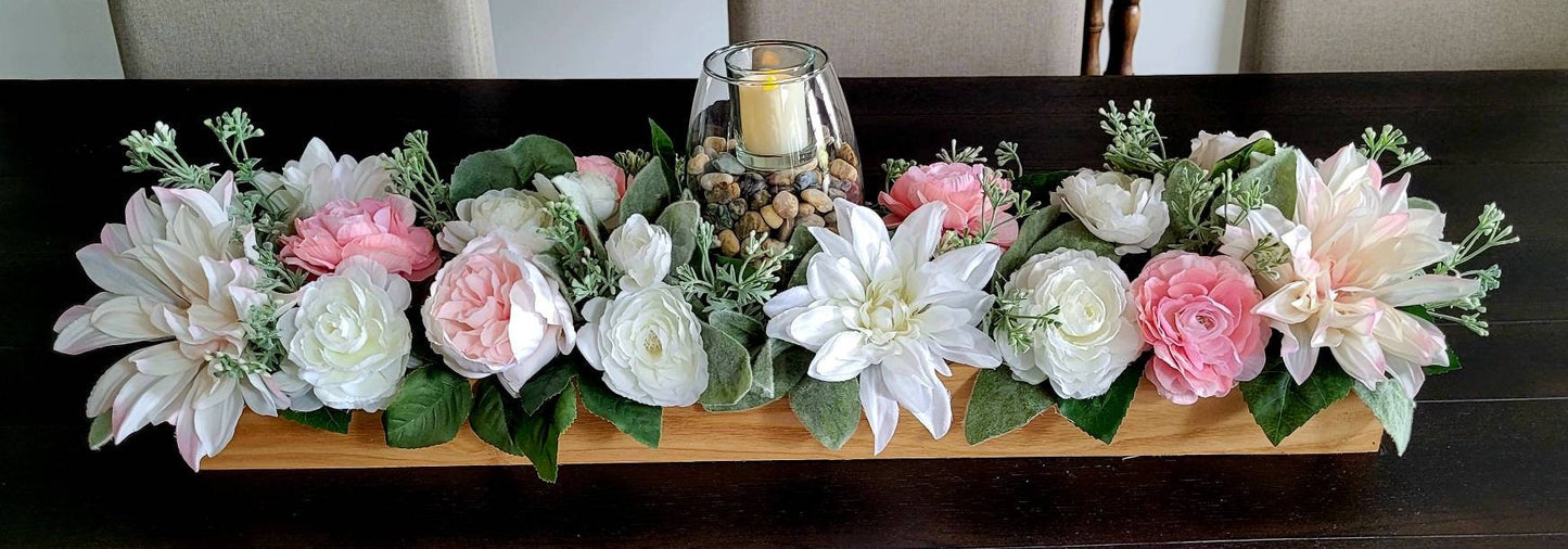 Farmhouse Wood Box Candle Centerpiece with Pink Peony and Lambs Ear