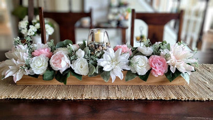 Farmhouse Wood Box Candle Centerpiece with Pink Peony and Lambs Ear