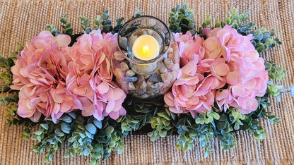 Rustic Pink Hydrangea Wood Floral Centerpiece in Dough Bowl