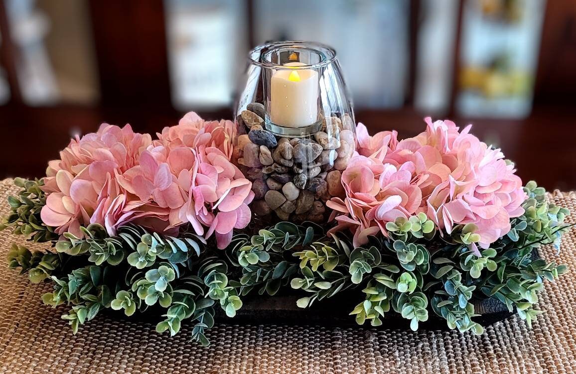 Rustic Pink Hydrangea Wood Floral Centerpiece in Dough Bowl