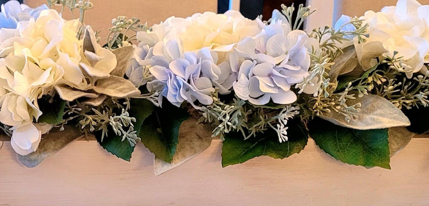 Blue Hydrangea Mantel Centerpiece in Long Wood Box