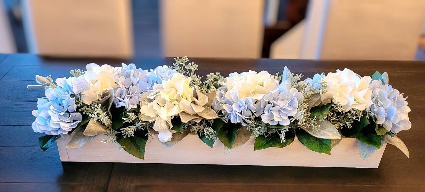 Blue Hydrangea Mantel Centerpiece in Long Wood Box