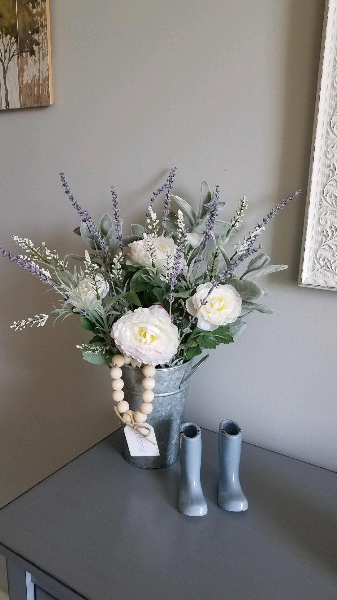 Lavender Spring Centerpiece in Galvanized Tin with Lambs Ear and Wood Beads