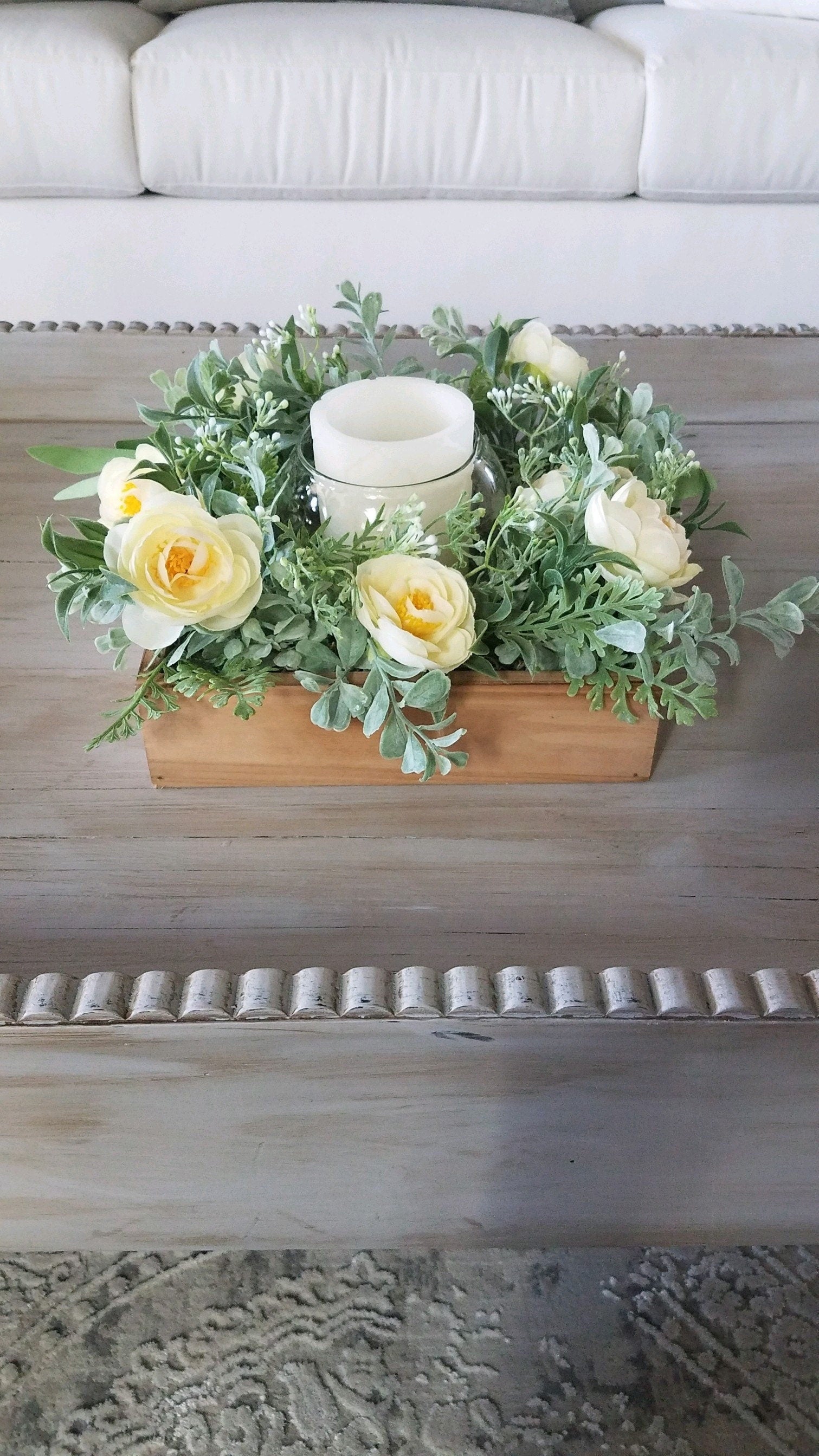 Candle centerpiece, wooden, cheapest floral, spring