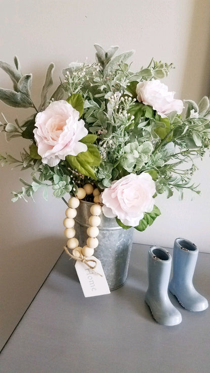 Blush Lambs Ear Flower Centerpiece in Galvanized Tin with Wood Beads