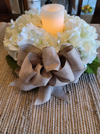 Hydrangea Flower Candle Holder Centerpiece in Wood Box with Rope Handles