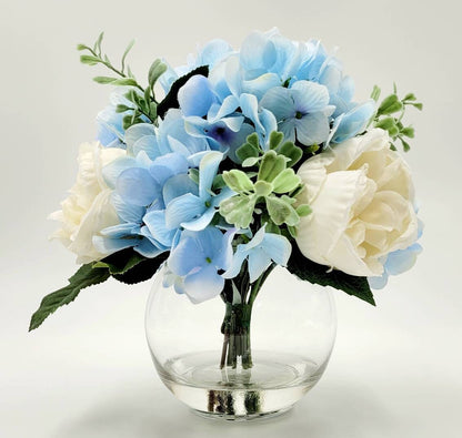 Modern Blue Hydrangea Floral Arrangement in Clear Glass