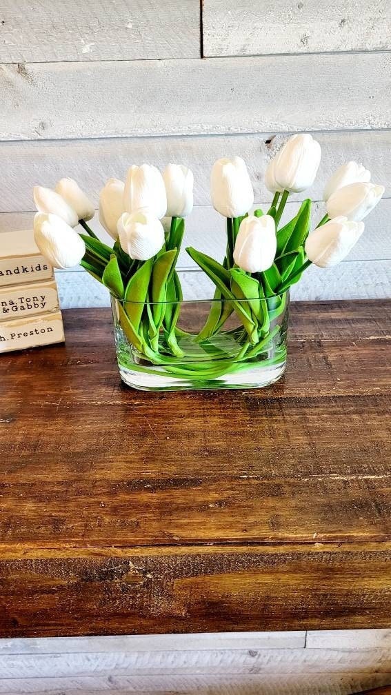 Real Touch Tulip In Glass Vase Modern Arrangement