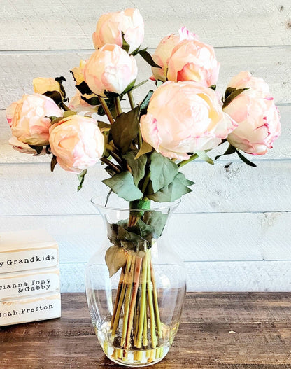 Modern Pink Peony in Clear Glass Vase Floral Arrangement