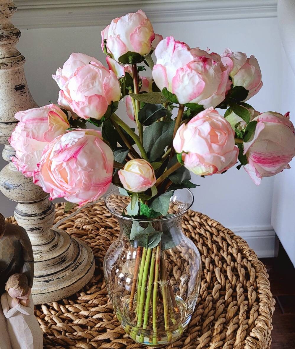 Modern Pink Peony in Clear Glass Vase Floral Arrangement