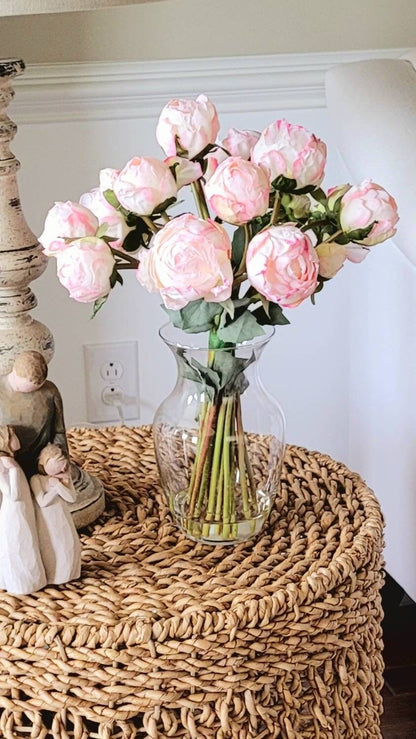 Modern Pink Peony in Clear Glass Vase Floral Arrangement