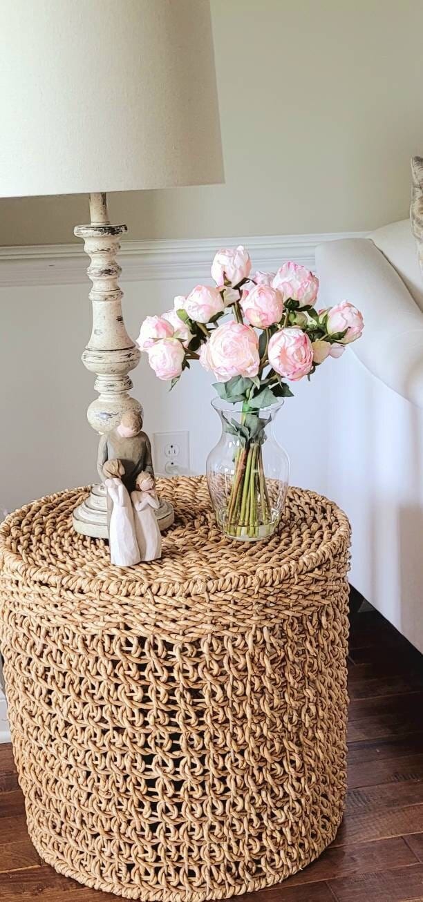 Modern Pink Peony in Clear Glass Vase Floral Arrangement