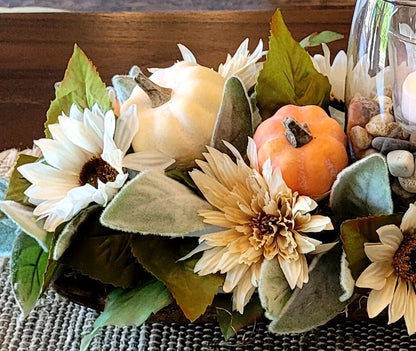 Fall Flowers Candle Centerpiece in Hand Carved Dough Bowl