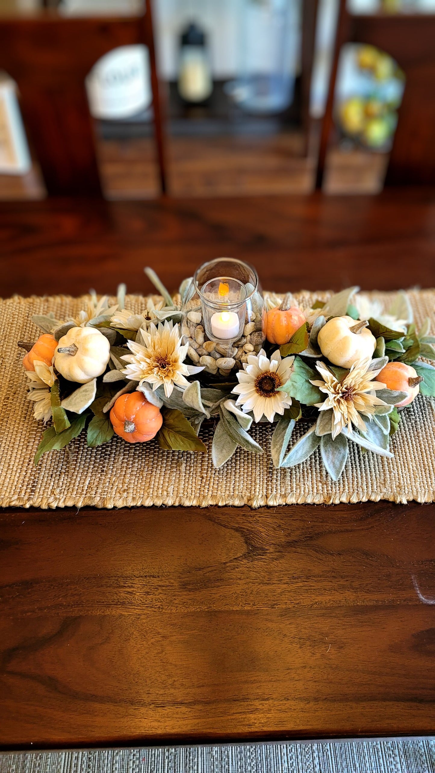 Fall Flowers Candle Centerpiece in Hand Carved Dough Bowl