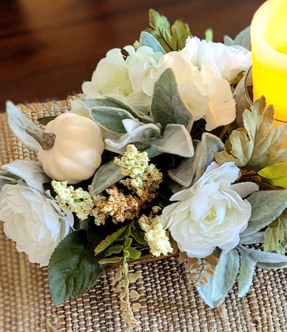 Fall Floral Arrangement in Dough Bowl with Candle Centerpiece