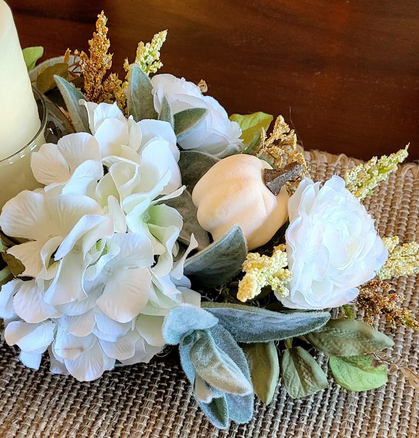 Fall Floral Arrangement in Dough Bowl with Candle Centerpiece