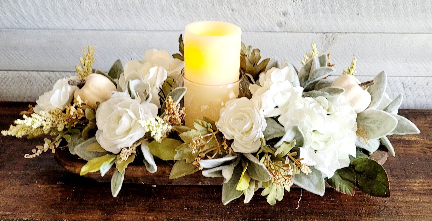 Fall Floral Arrangement in Dough Bowl with Candle Centerpiece