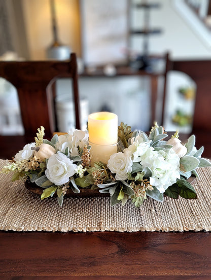 Fall Floral Arrangement in Dough Bowl with Candle Centerpiece