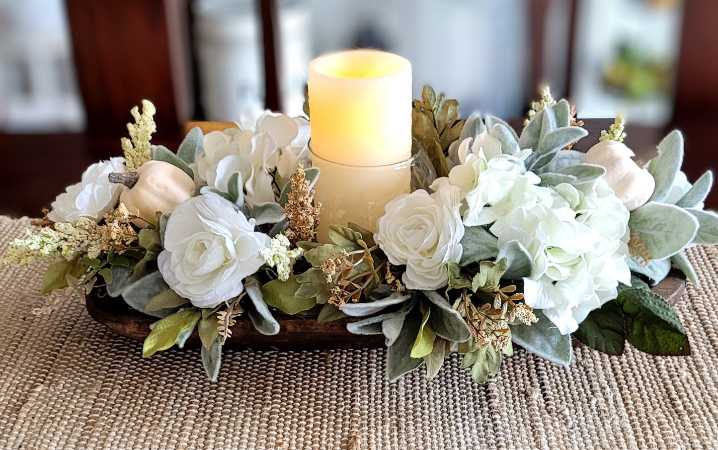 Fall Floral Arrangement in Dough Bowl with Candle Centerpiece