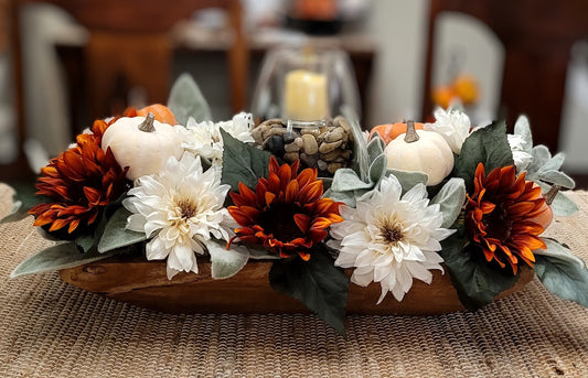 Fall Flowers Candle Centerpiece in Hand Carved Dough Bowl