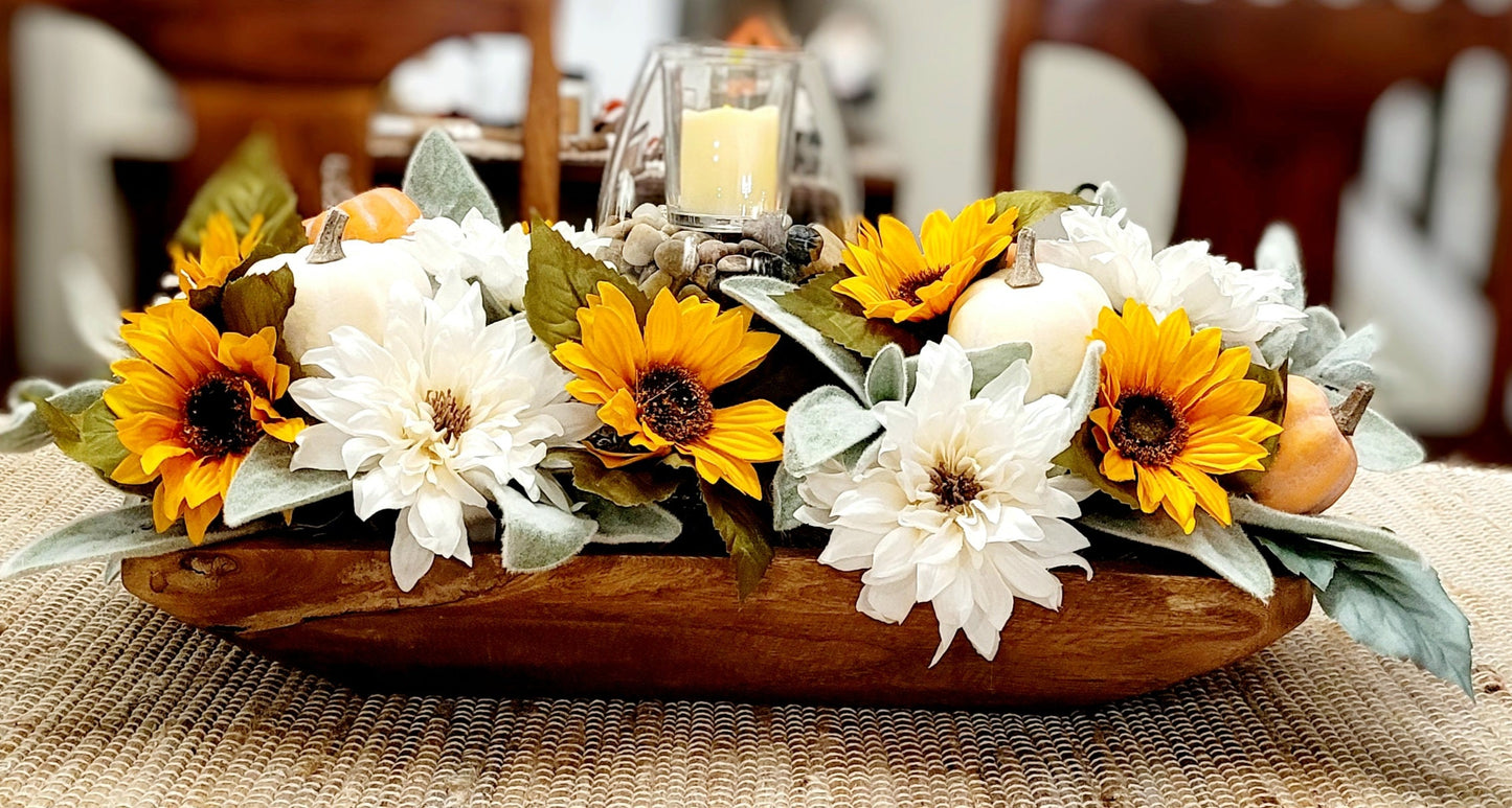 Rustic Yellow Sunflower Dough Bowl Centerpiece