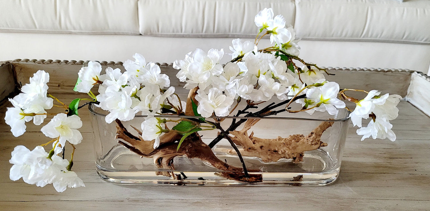 Modern White Floral Arrangement in Long Glass Vase