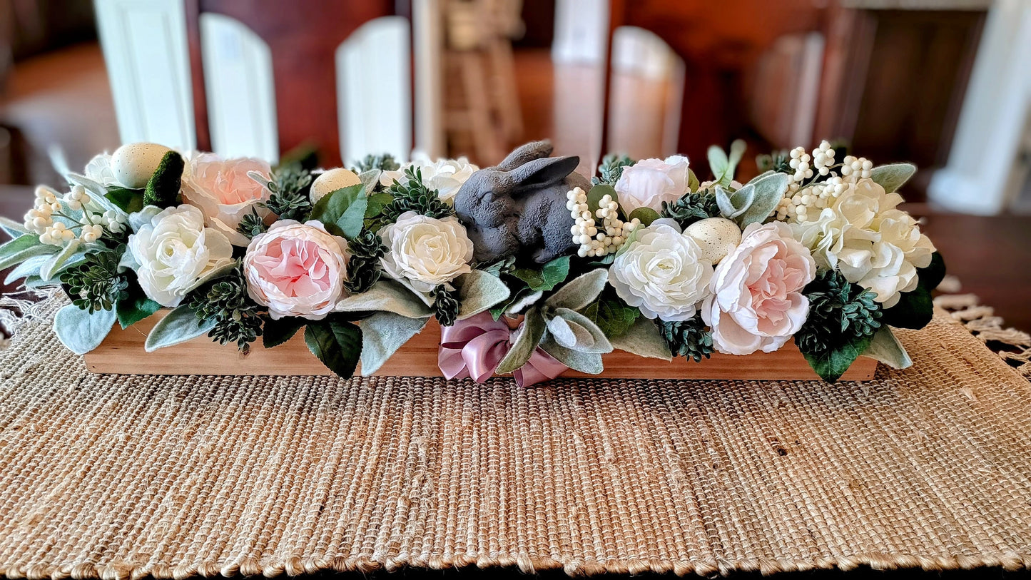 Farmhouse Style Long Easter Table Arrangement in Wood Box Easter