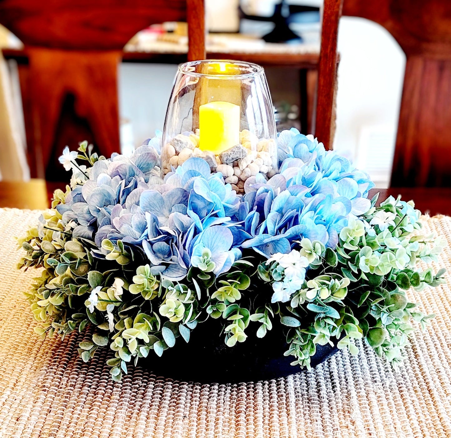 Round Blue Hydrangea Farmhouse Table Centerpiece with Candle