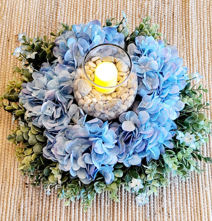 Round Blue Hydrangea Farmhouse Table Centerpiece with Candle