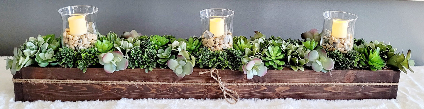 Succulent Planter Arrangement in Long Box with Flameless Candle