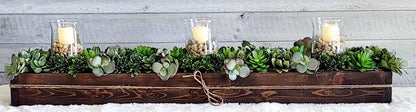 Succulent Planter Arrangement in Long Box with Flameless Candle